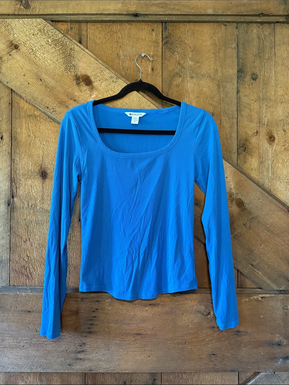 Athleta Bright Blue Scoop-Neck Long Sleeve Tee Ribbed Modal Blend M 415567-07